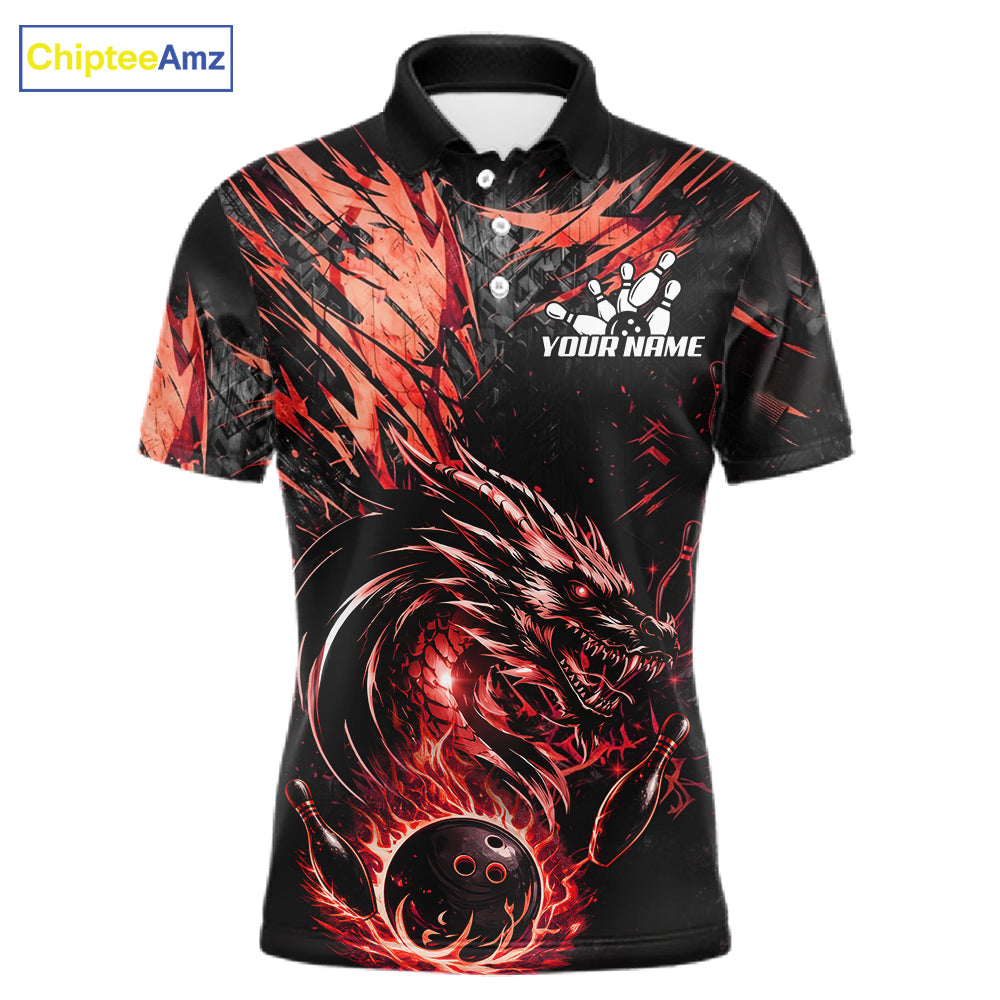 Black And Red Flames Dragon Bowling Polo 1/4 Zip Shirt For Men Custom Dragon Bowling Team Jersey NYN4129