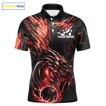 Black And Red Flames Dragon Bowling Polo 1/4 Zip Shirt For Men Custom Dragon Bowling Team Jersey NYN4129