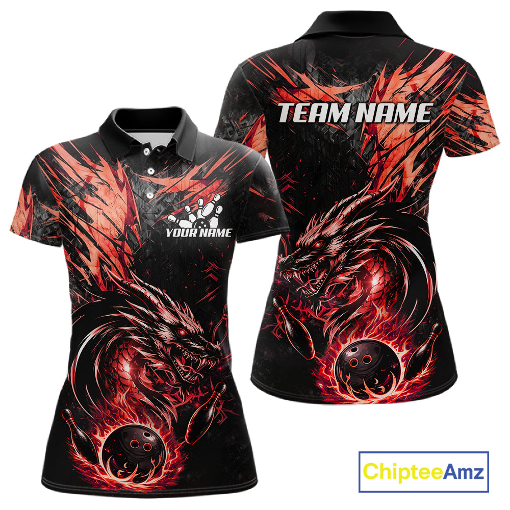 Black And Red Flames Dragon Bowling Polo 1/4 Zip Shirt For Women Custom Dragon Bowling Team Jersey NYN4129