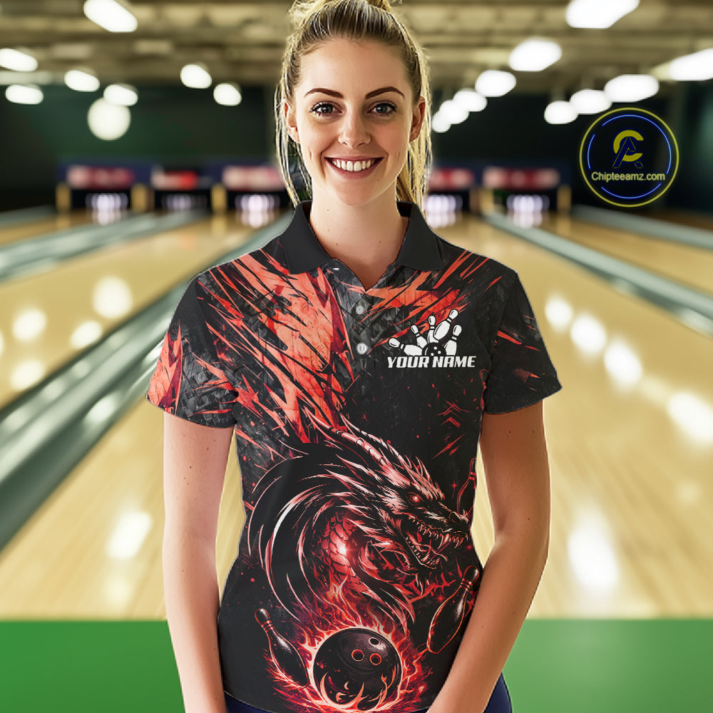 Black And Red Flames Dragon Bowling Polo 1/4 Zip Shirt For Women Custom Dragon Bowling Team Jersey NYN4129
