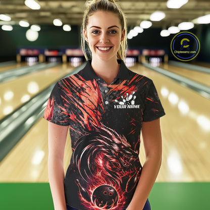 Black And Red Flames Dragon Bowling Polo 1/4 Zip Shirt For Women Custom Dragon Bowling Team Jersey NYN4129