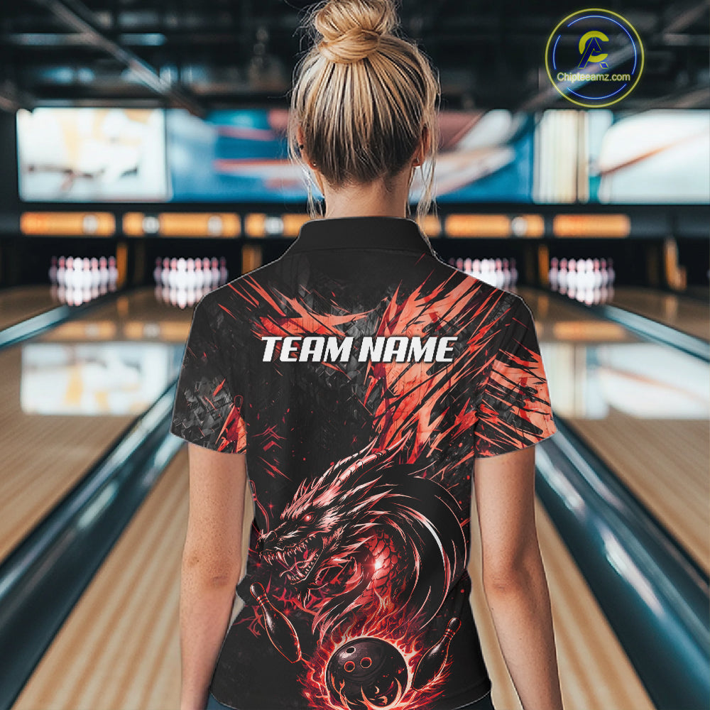 Black And Red Flames Dragon Bowling Polo 1/4 Zip Shirt For Women Custom Dragon Bowling Team Jersey NYN4129