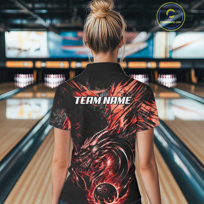 Black And Red Flames Dragon Bowling Polo 1/4 Zip Shirt For Women Custom Dragon Bowling Team Jersey NYN4129