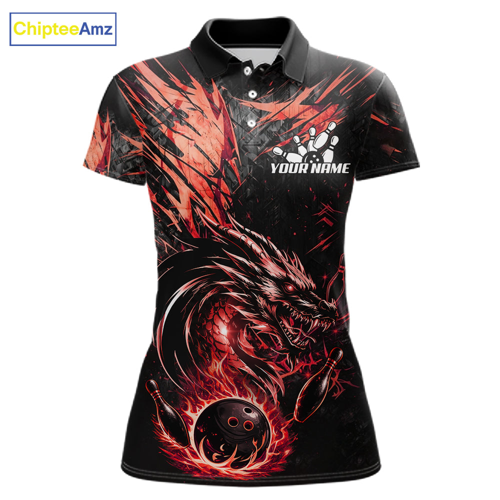 Black And Red Flames Dragon Bowling Polo 1/4 Zip Shirt For Women Custom Dragon Bowling Team Jersey NYN4129
