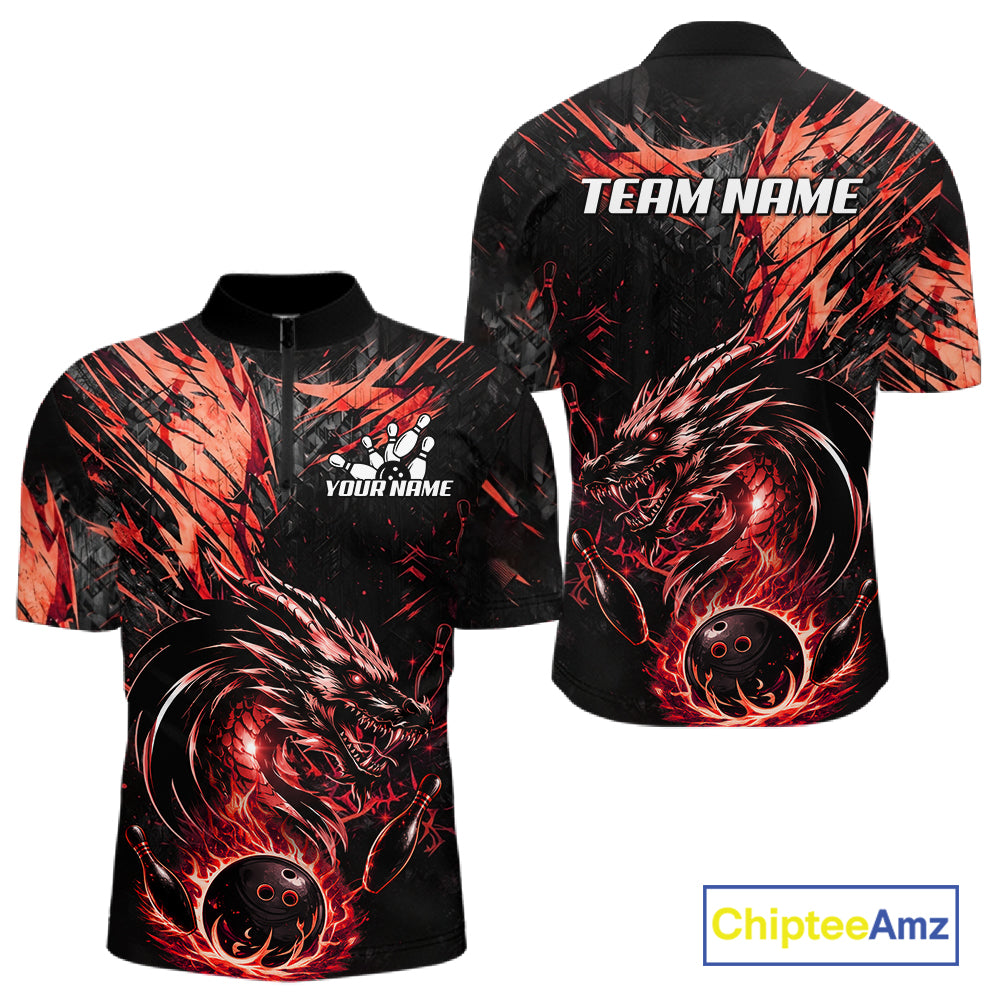 Black And Red Flames Dragon Bowling Polo 1/4 Zip Shirt For Men Custom Dragon Bowling Team Jersey NYN4129