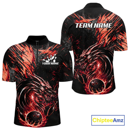 Black And Red Flames Dragon Bowling Polo 1/4 Zip Shirt For Men Custom Dragon Bowling Team Jersey NYN4129