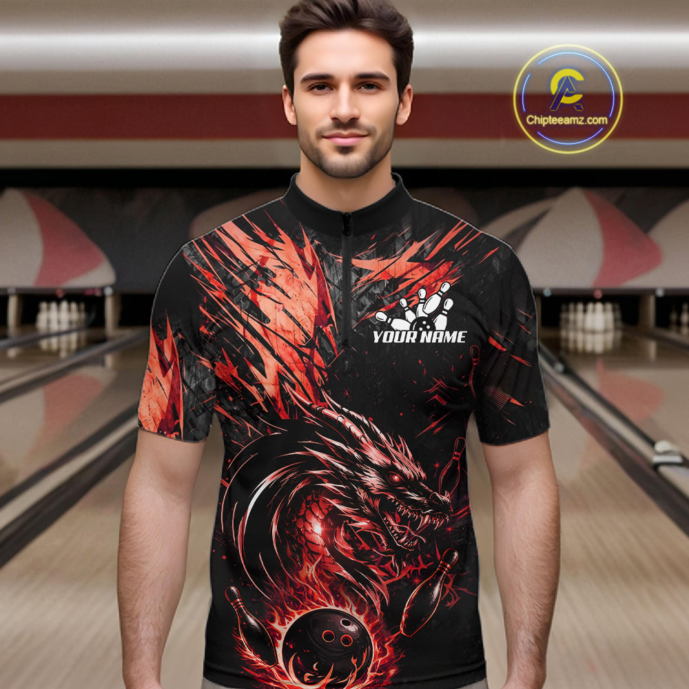 Black And Red Flames Dragon Bowling Polo 1/4 Zip Shirt For Men Custom Dragon Bowling Team Jersey NYN4129