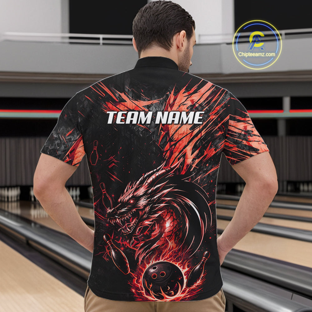 Black And Red Flames Dragon Bowling Polo 1/4 Zip Shirt For Men Custom Dragon Bowling Team Jersey NYN4129