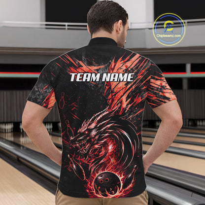 Black And Red Flames Dragon Bowling Polo 1/4 Zip Shirt For Men Custom Dragon Bowling Team Jersey NYN4129
