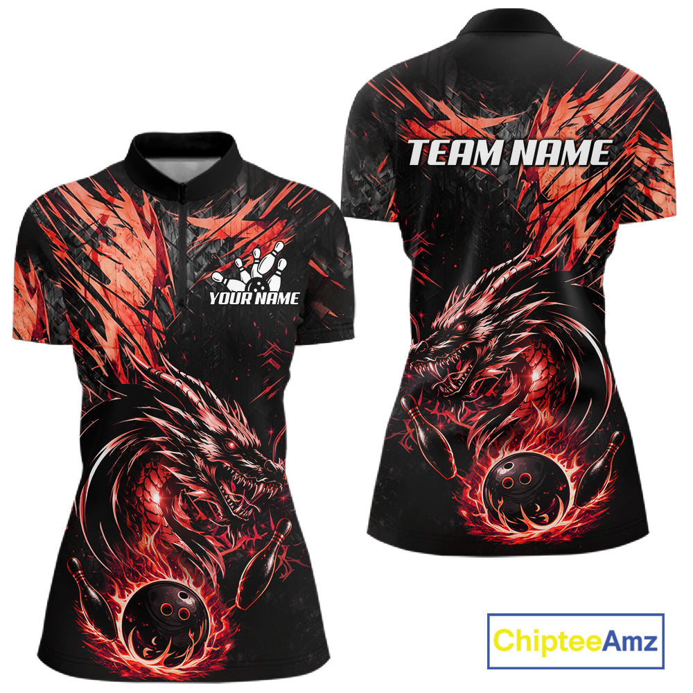 Black And Red Flames Dragon Bowling Polo 1/4 Zip Shirt For Women Custom Dragon Bowling Team Jersey NYN4129