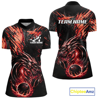 Black And Red Flames Dragon Bowling Polo 1/4 Zip Shirt For Women Custom Dragon Bowling Team Jersey NYN4129