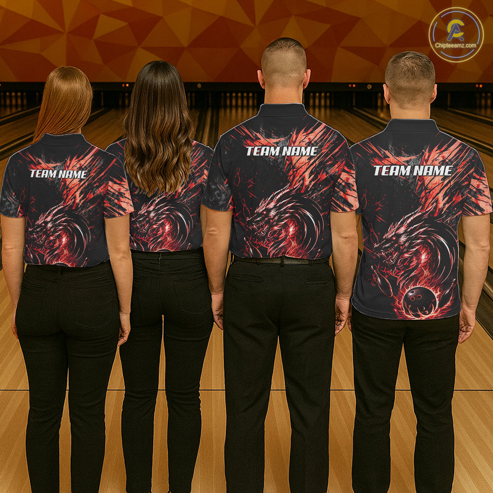 Black And Red Flames Dragon Bowling Polo 1/4 Zip Shirt For Men Custom Dragon Bowling Team Jersey NYN4129