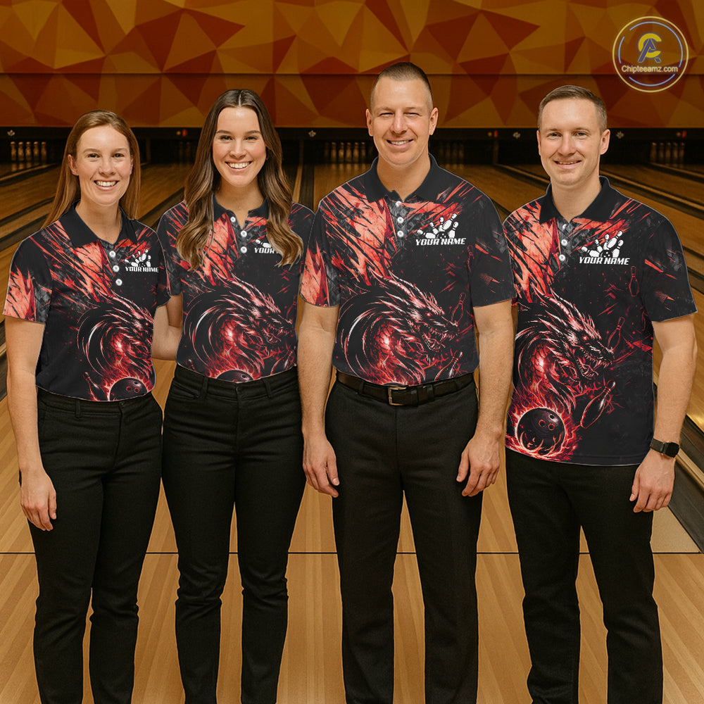 Black And Red Flames Dragon Bowling Polo 1/4 Zip Shirt For Men Custom Dragon Bowling Team Jersey NYN4129