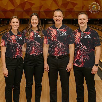 Black And Red Flames Dragon Bowling Polo 1/4 Zip Shirt For Men Custom Dragon Bowling Team Jersey NYN4129
