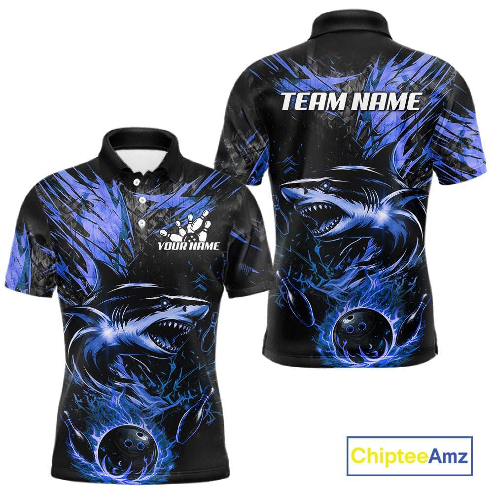 Black And Blue Flames Shark Bowling Polo 1/4 Zip Shirt For Men Custom Shark Bowling Team Jersey NYN4130