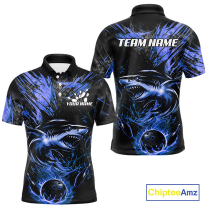 Black And Blue Flames Shark Bowling Polo 1/4 Zip Shirt For Men Custom Shark Bowling Team Jersey NYN4130
