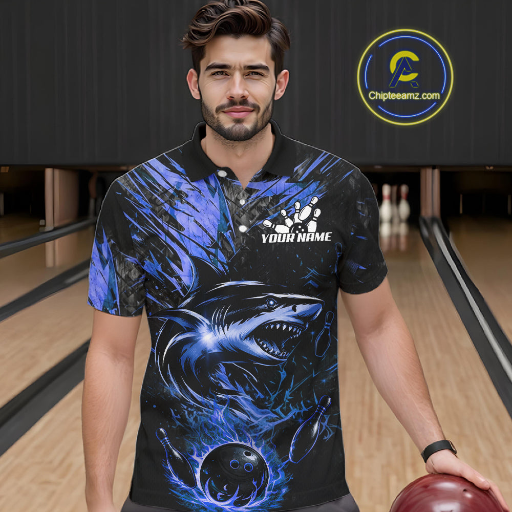 Black And Blue Flames Shark Bowling Polo 1/4 Zip Shirt For Men Custom Shark Bowling Team Jersey NYN4130