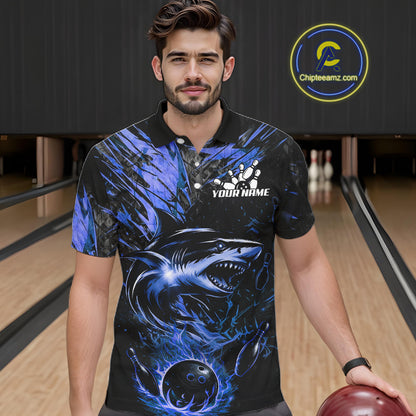 Black And Blue Flames Shark Bowling Polo 1/4 Zip Shirt For Men Custom Shark Bowling Team Jersey NYN4130