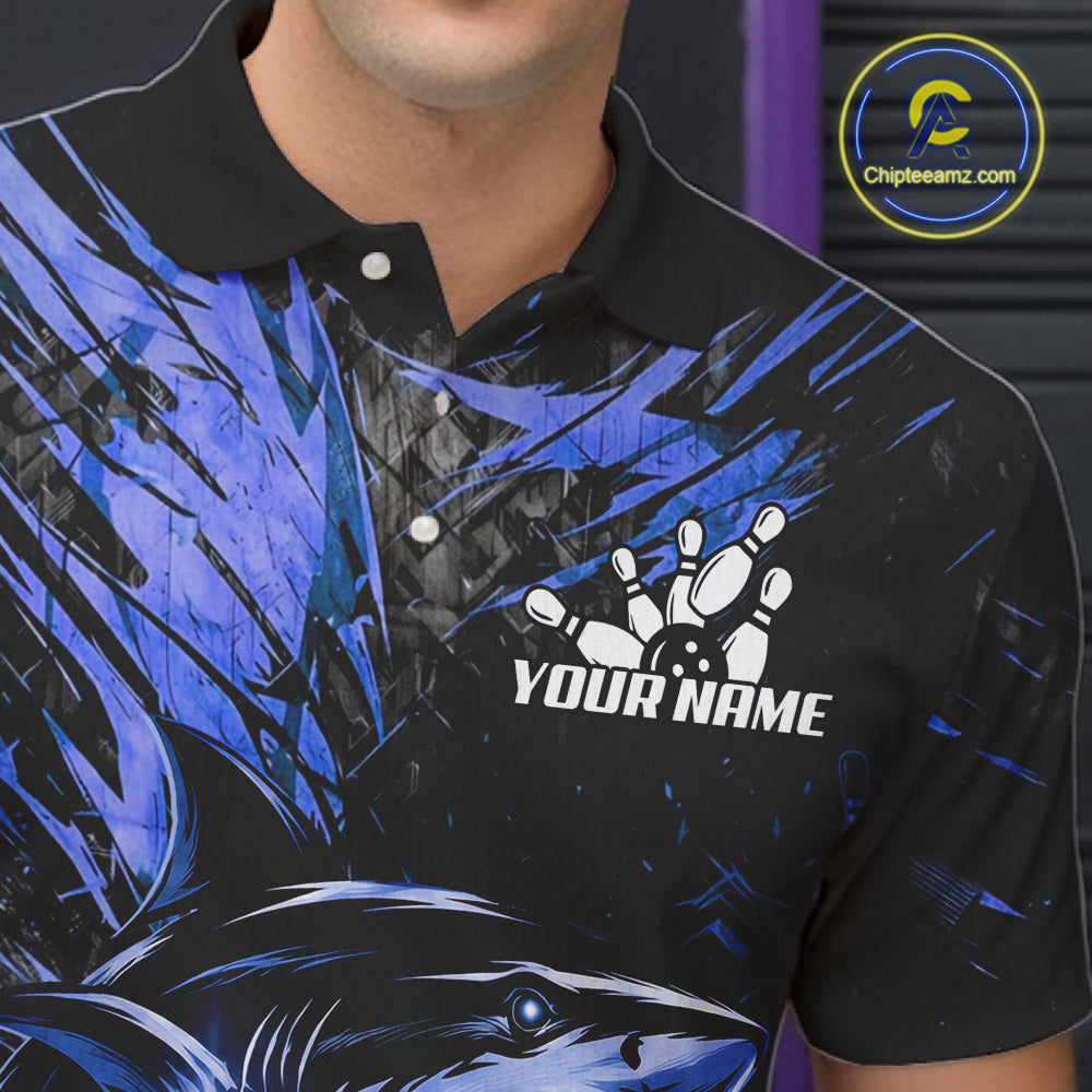 Black And Blue Flames Shark Bowling Polo 1/4 Zip Shirt For Men Custom Shark Bowling Team Jersey NYN4130