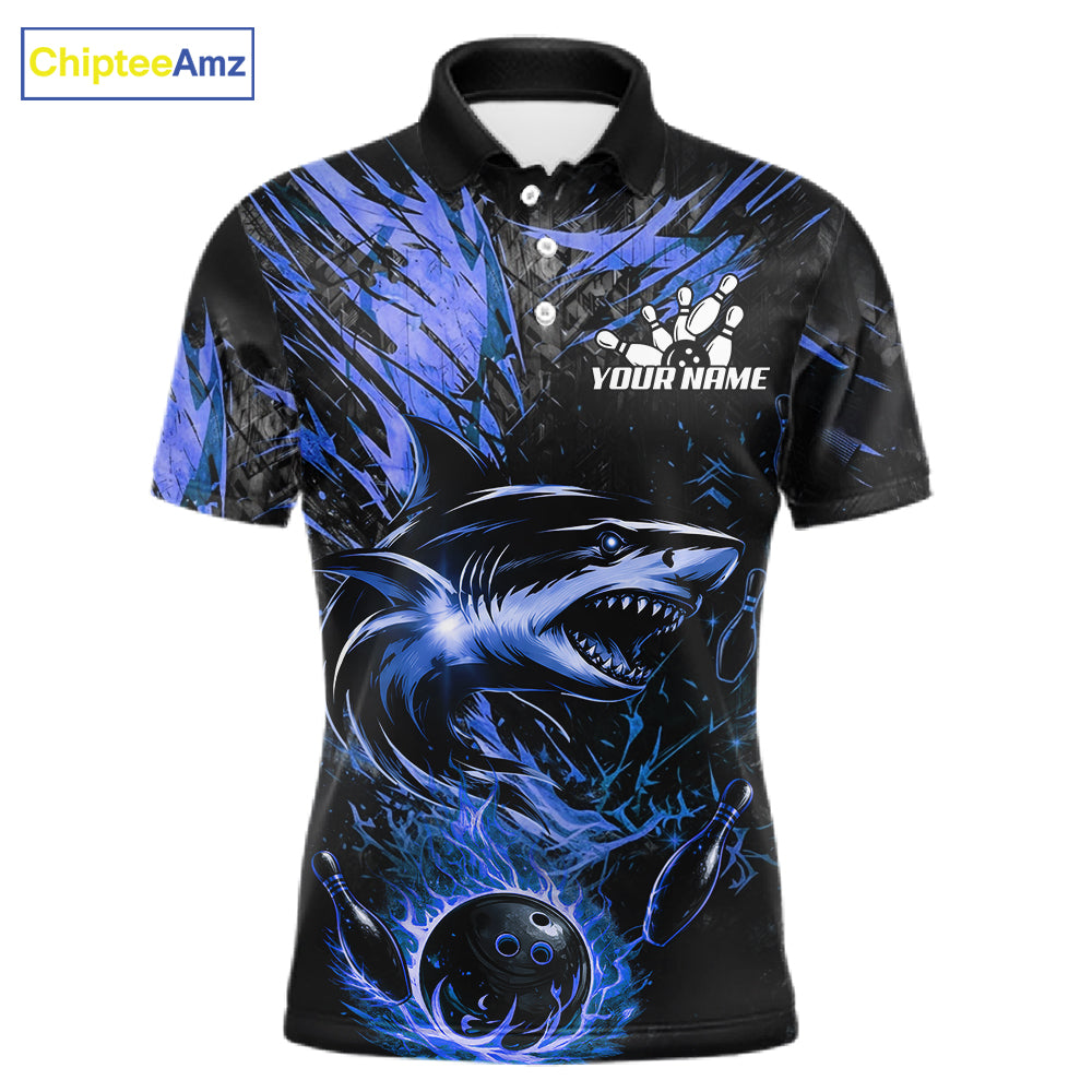 Black And Blue Flames Shark Bowling Polo 1/4 Zip Shirt For Men Custom Shark Bowling Team Jersey NYN4130