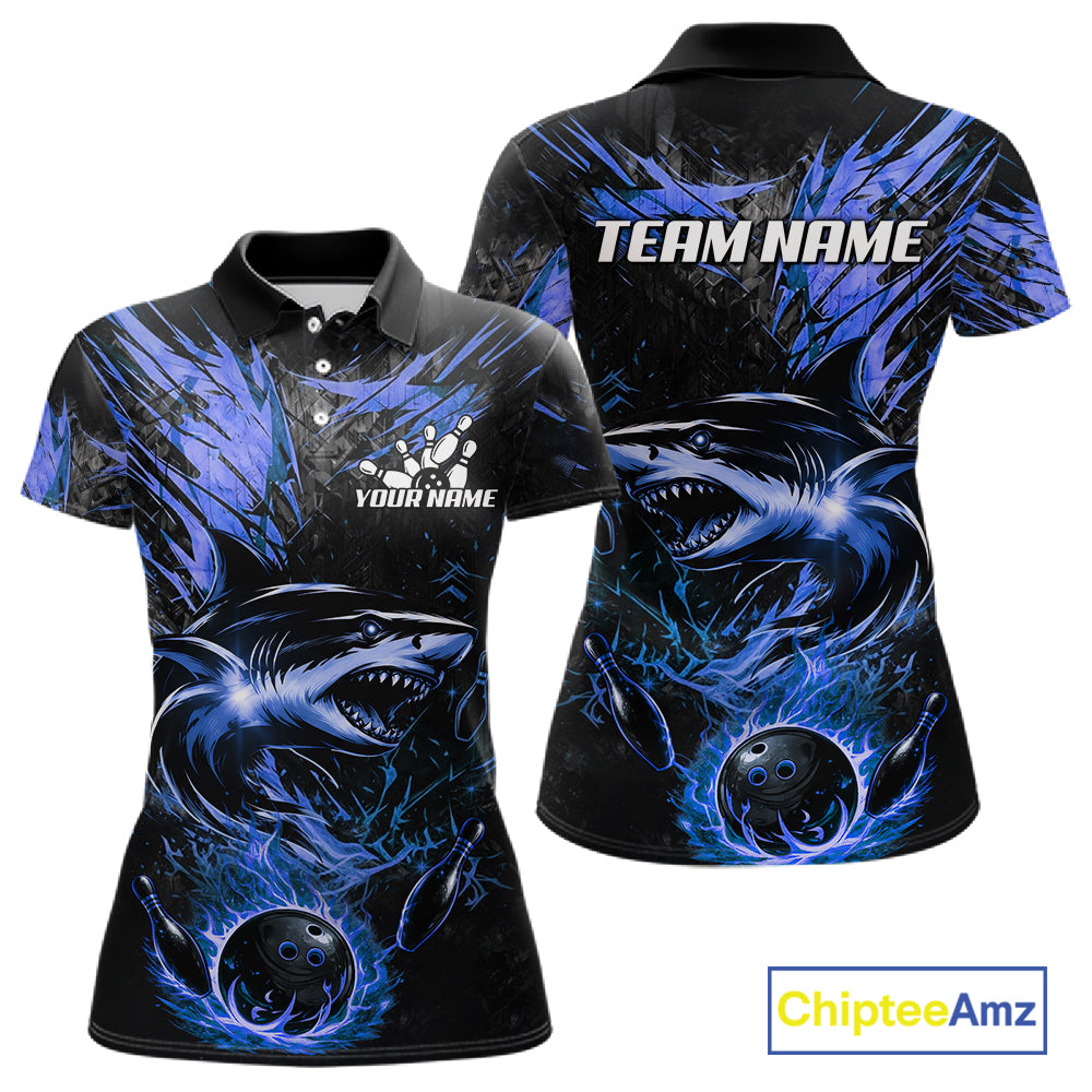 Black And Blue Flames Shark Bowling Polo 1/4 Zip Shirt For Women Custom Shark Bowling Team Jersey NYN4130