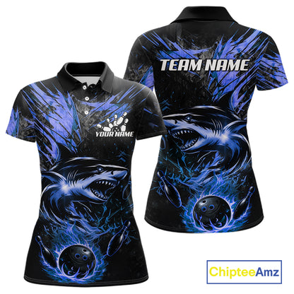Black And Blue Flames Shark Bowling Polo 1/4 Zip Shirt For Women Custom Shark Bowling Team Jersey NYN4130