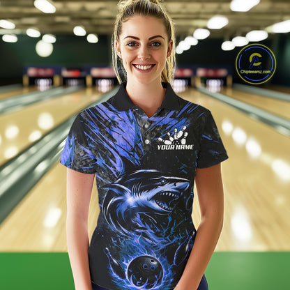Black And Blue Flames Shark Bowling Polo 1/4 Zip Shirt For Women Custom Shark Bowling Team Jersey NYN4130
