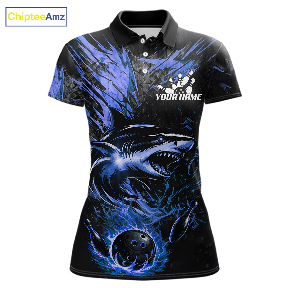 Black And Blue Flames Shark Bowling Polo 1/4 Zip Shirt For Women Custom Shark Bowling Team Jersey NYN4130