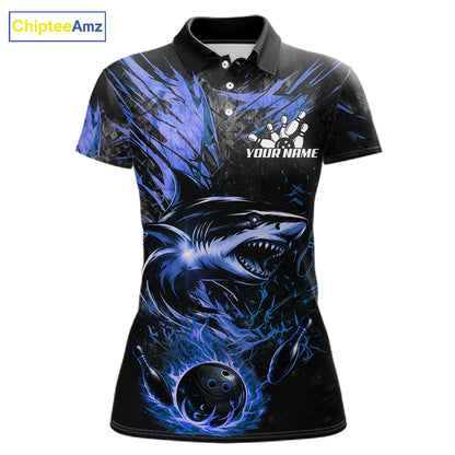 Black And Blue Flames Shark Bowling Polo 1/4 Zip Shirt For Women Custom Shark Bowling Team Jersey NYN4130