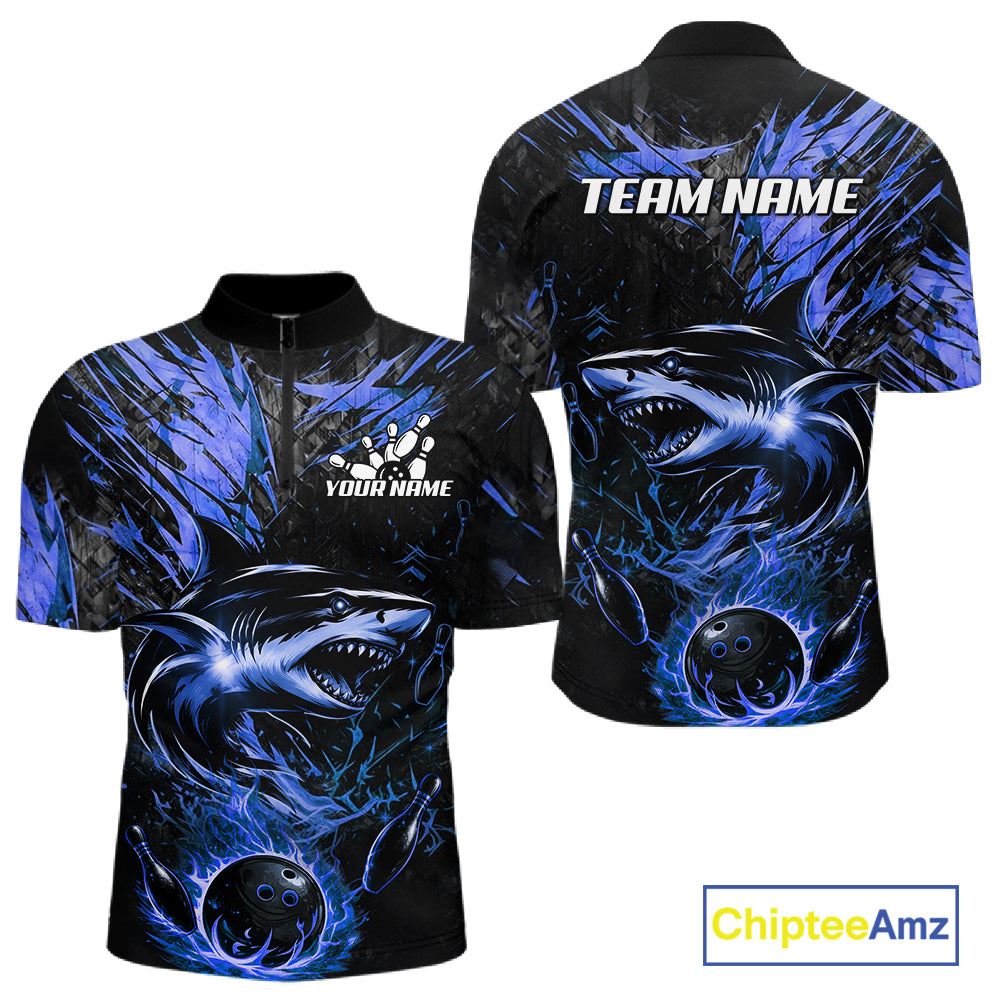 Black And Blue Flames Shark Bowling Polo 1/4 Zip Shirt For Men Custom Shark Bowling Team Jersey NYN4130