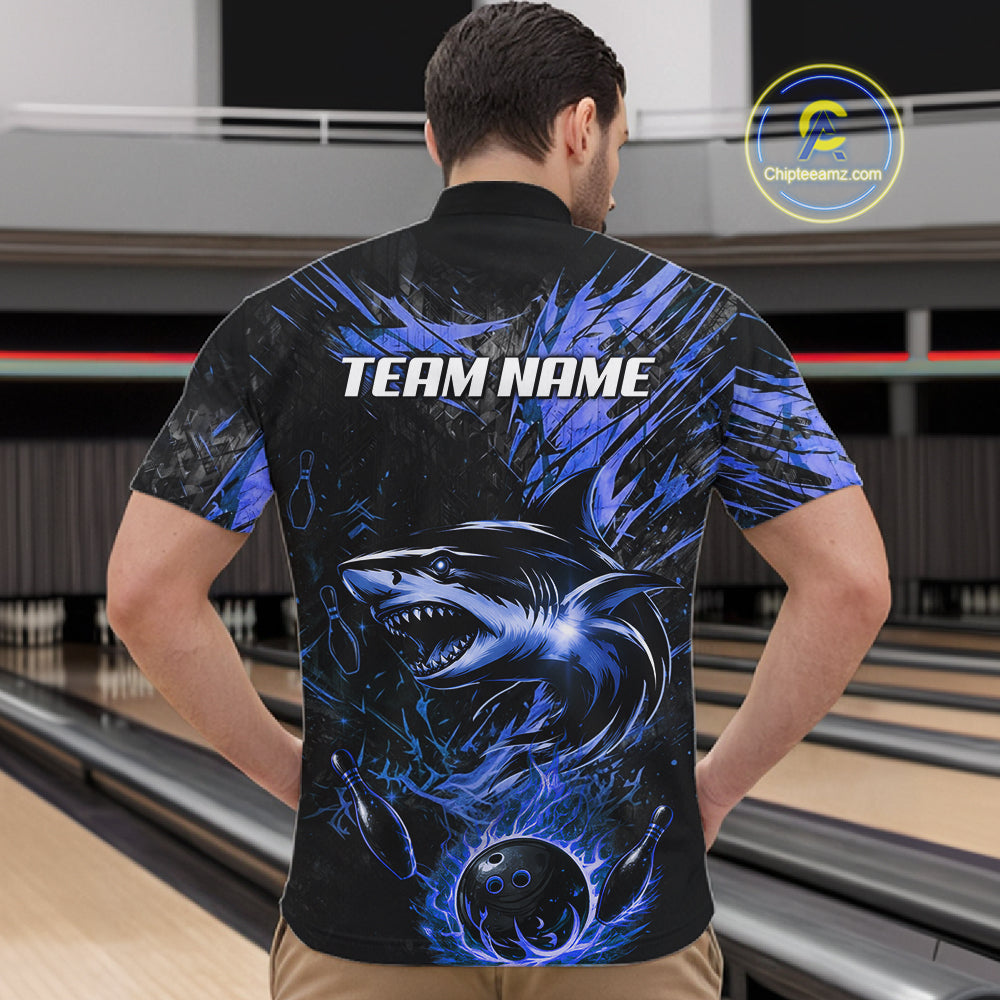 Black And Blue Flames Shark Bowling Polo 1/4 Zip Shirt For Men Custom Shark Bowling Team Jersey NYN4130