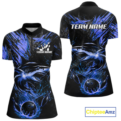 Black And Blue Flames Shark Bowling Polo 1/4 Zip Shirt For Women Custom Shark Bowling Team Jersey NYN4130