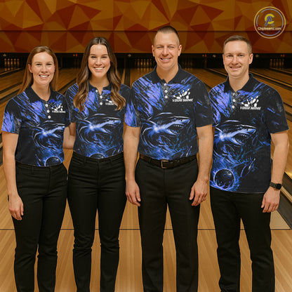 Black And Blue Flames Shark Bowling Polo 1/4 Zip Shirt For Men Custom Shark Bowling Team Jersey NYN4130