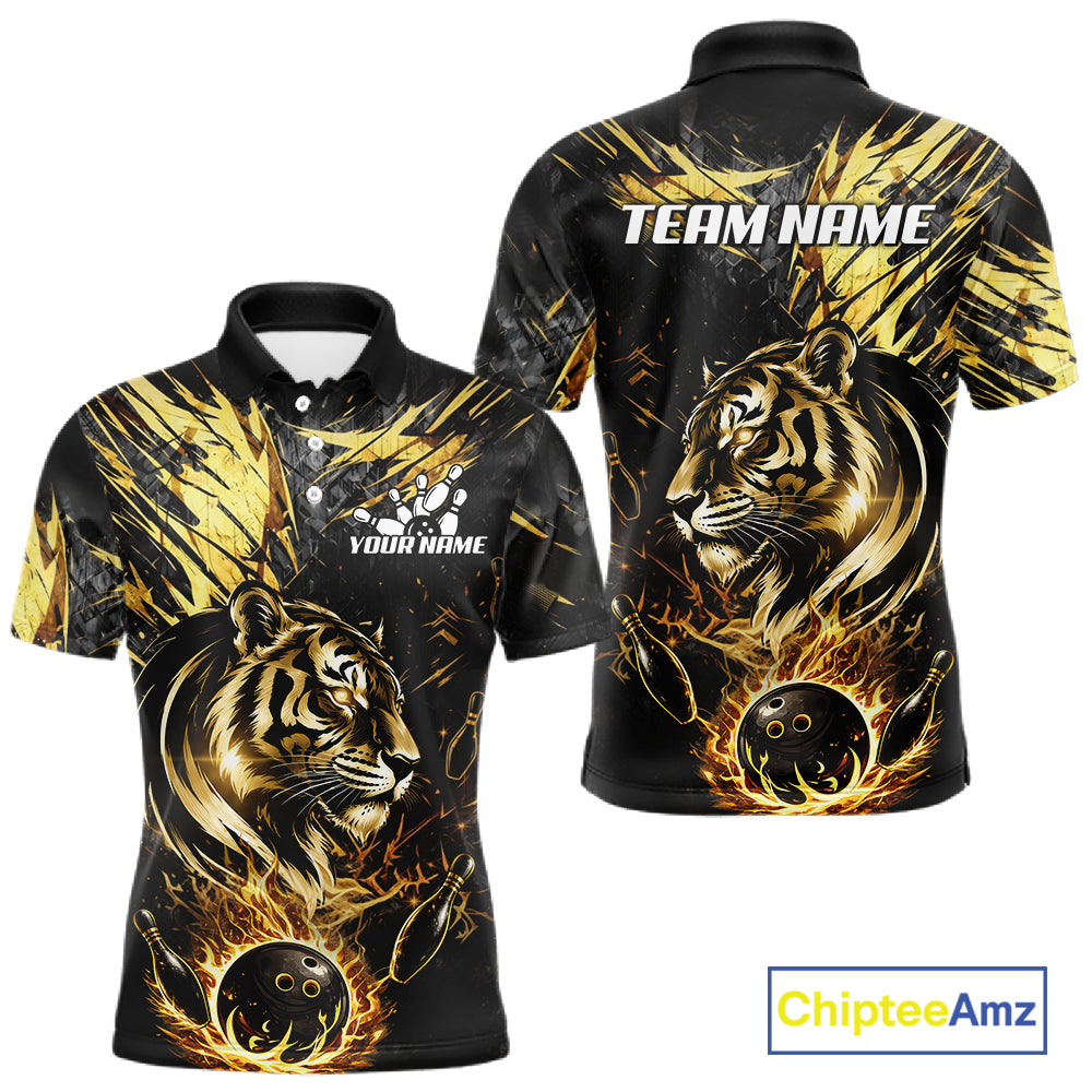 Black And Gold Flames Tiger Bowling Polo 1/4 Zip Shirt For Men Custom Tiger Bowling Team Jersey NYN4131