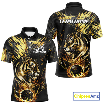 Black And Gold Flames Tiger Bowling Polo 1/4 Zip Shirt For Men Custom Tiger Bowling Team Jersey NYN4131