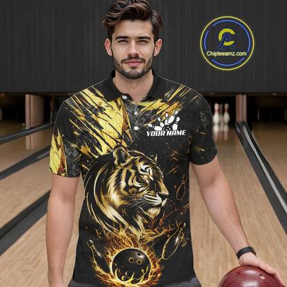 Black And Gold Flames Tiger Bowling Polo 1/4 Zip Shirt For Men Custom Tiger Bowling Team Jersey NYN4131