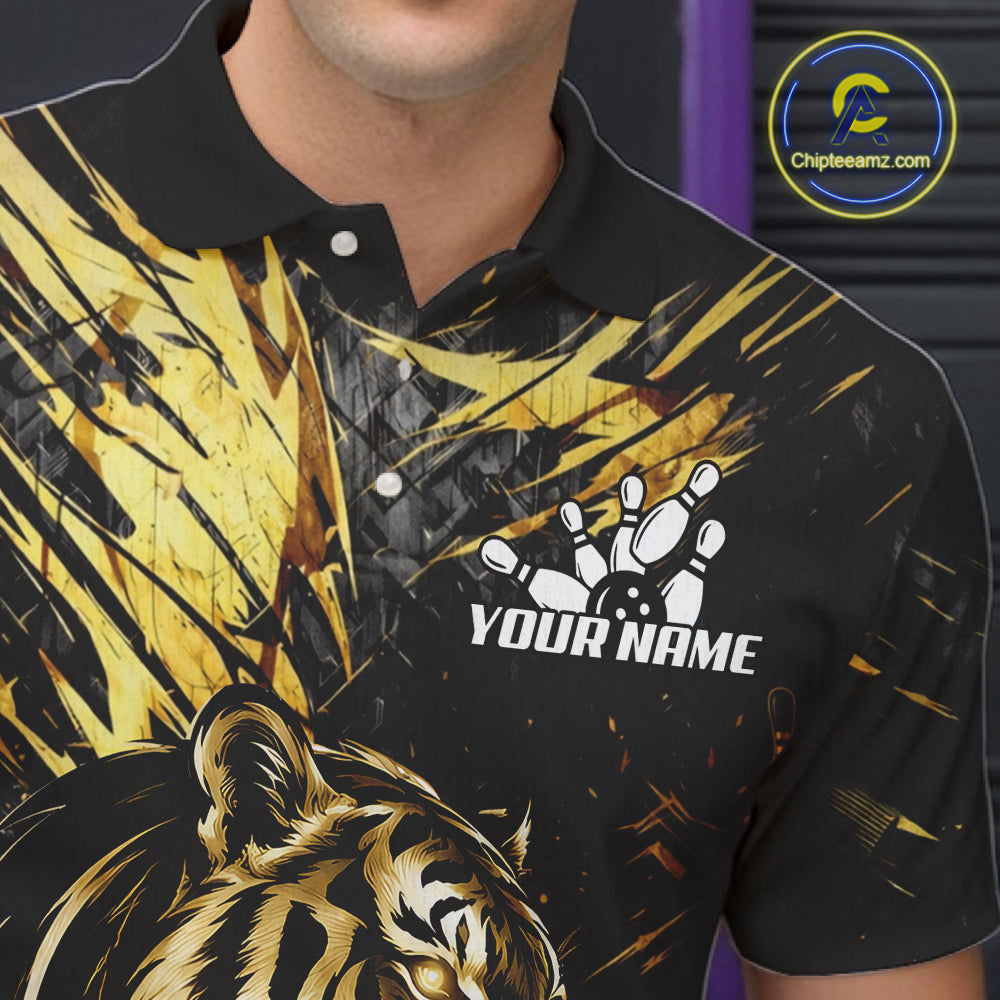 Black And Gold Flames Tiger Bowling Polo 1/4 Zip Shirt For Men Custom Tiger Bowling Team Jersey NYN4131