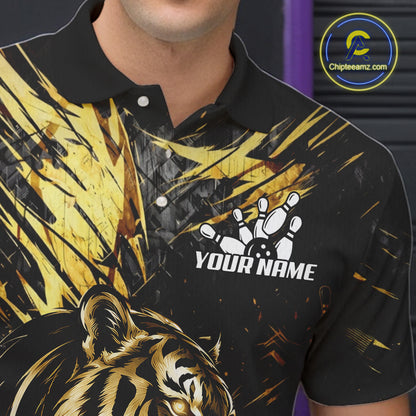 Black And Gold Flames Tiger Bowling Polo 1/4 Zip Shirt For Men Custom Tiger Bowling Team Jersey NYN4131