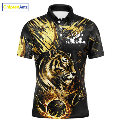 Black And Gold Flames Tiger Bowling Polo 1/4 Zip Shirt For Men Custom Tiger Bowling Team Jersey NYN4131