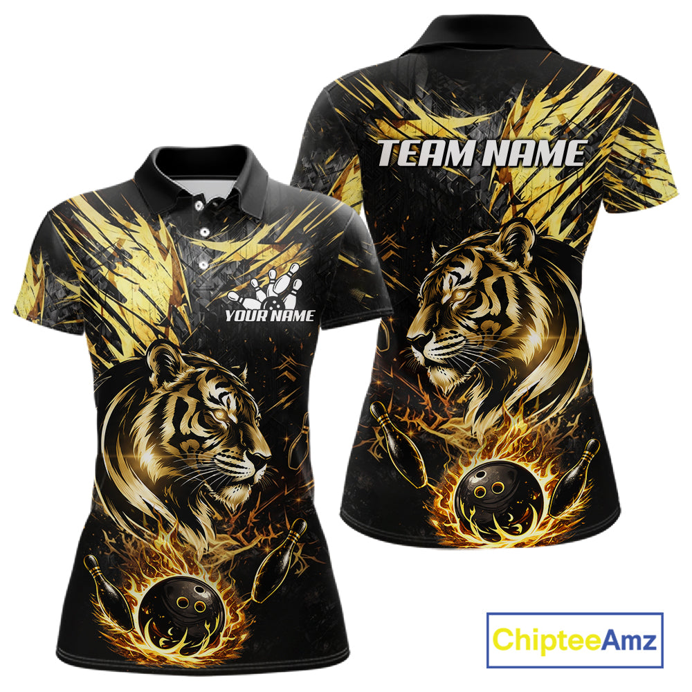 Black And Gold Flames Tiger Bowling Polo 1/4 Zip Shirt For Women Custom Tiger Bowling Team Jersey NYN4131