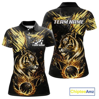 Black And Gold Flames Tiger Bowling Polo 1/4 Zip Shirt For Women Custom Tiger Bowling Team Jersey NYN4131