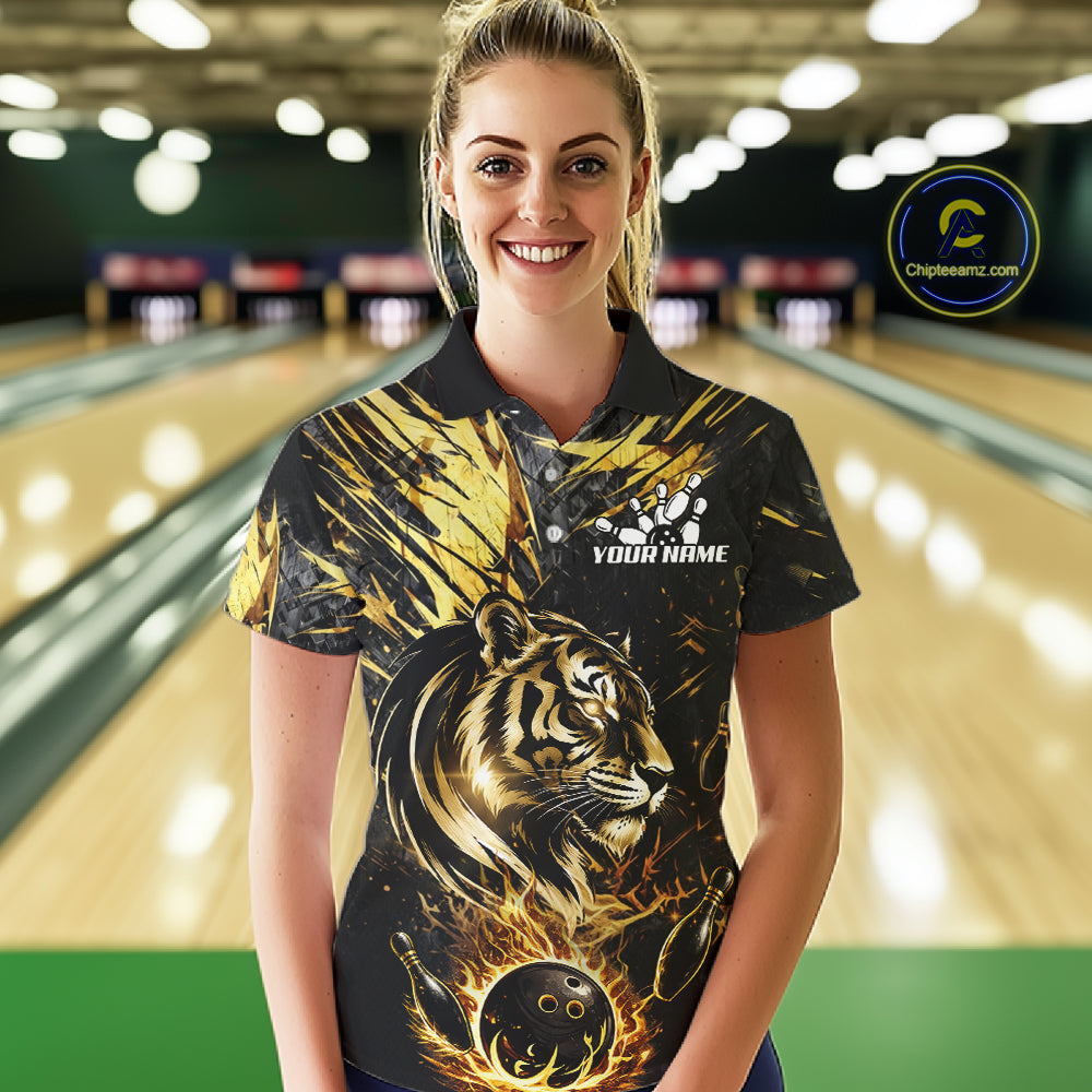 Black And Gold Flames Tiger Bowling Polo 1/4 Zip Shirt For Women Custom Tiger Bowling Team Jersey NYN4131