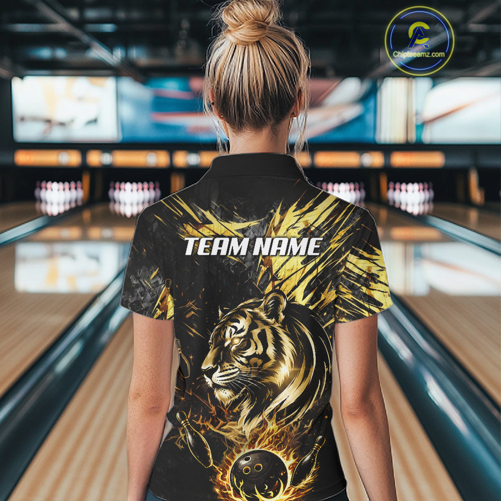 Black And Gold Flames Tiger Bowling Polo 1/4 Zip Shirt For Women Custom Tiger Bowling Team Jersey NYN4131
