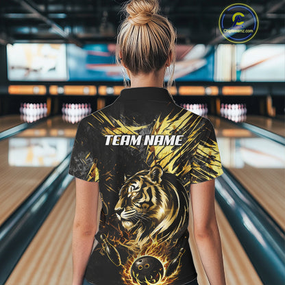 Black And Gold Flames Tiger Bowling Polo 1/4 Zip Shirt For Women Custom Tiger Bowling Team Jersey NYN4131