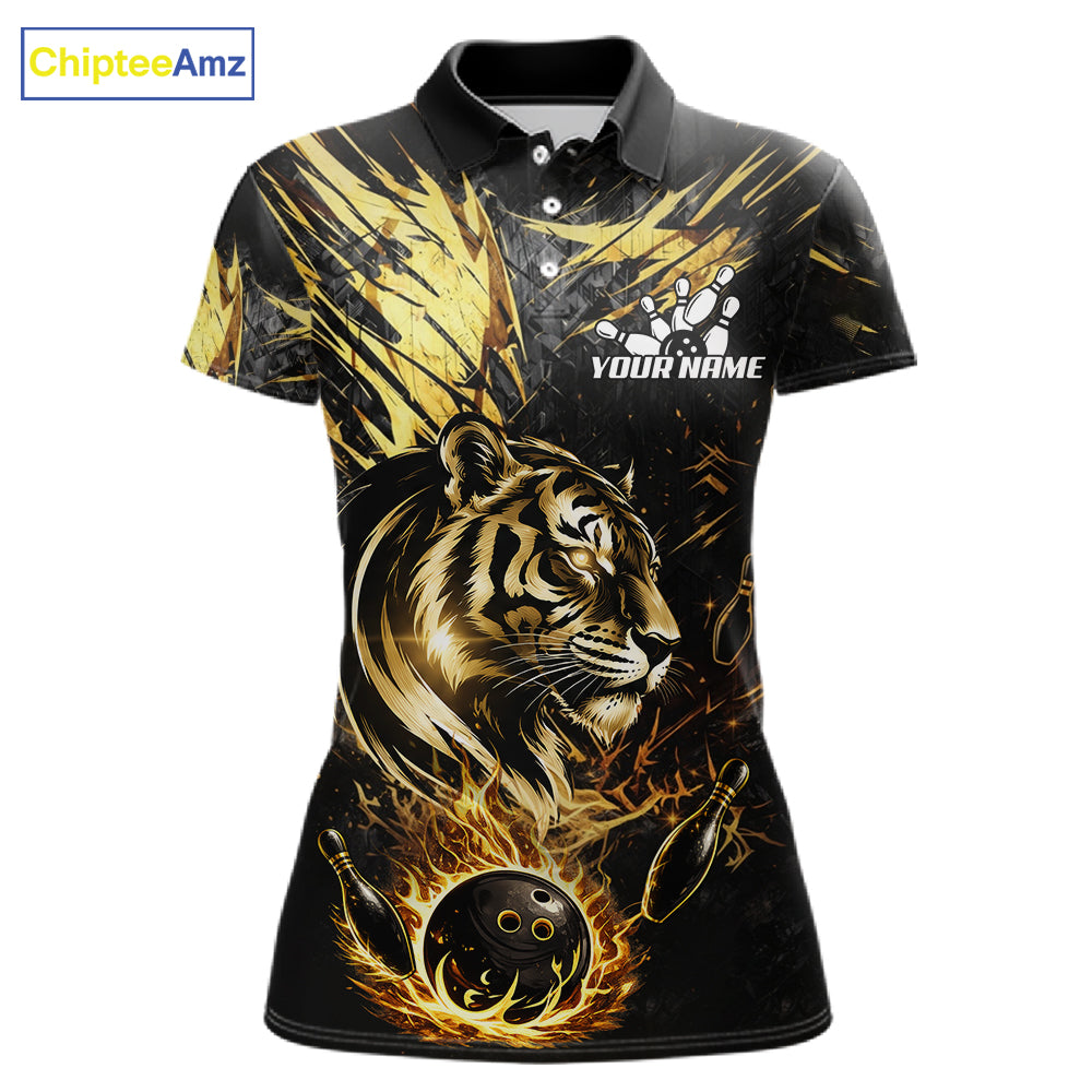 Black And Gold Flames Tiger Bowling Polo 1/4 Zip Shirt For Women Custom Tiger Bowling Team Jersey NYN4131