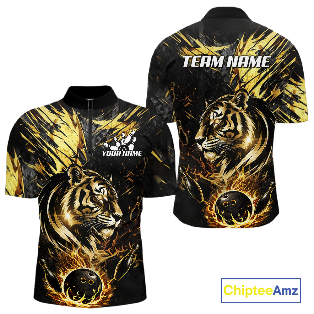 Black And Gold Flames Tiger Bowling Polo 1/4 Zip Shirt For Men Custom Tiger Bowling Team Jersey NYN4131