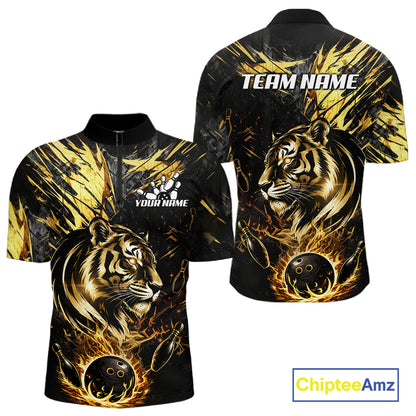 Black And Gold Flames Tiger Bowling Polo 1/4 Zip Shirt For Men Custom Tiger Bowling Team Jersey NYN4131