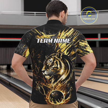 Black And Gold Flames Tiger Bowling Polo 1/4 Zip Shirt For Men Custom Tiger Bowling Team Jersey NYN4131
