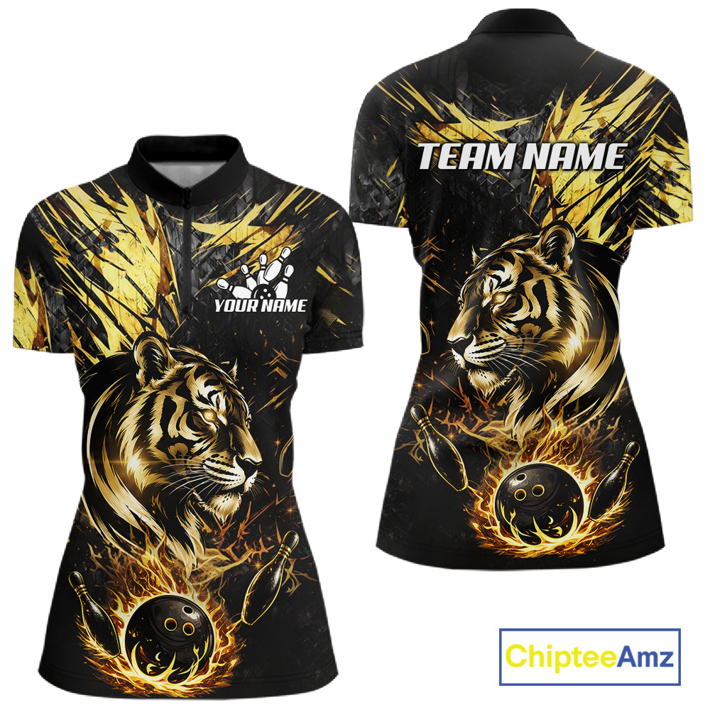 Black And Gold Flames Tiger Bowling Polo 1/4 Zip Shirt For Women Custom Tiger Bowling Team Jersey NYN4131