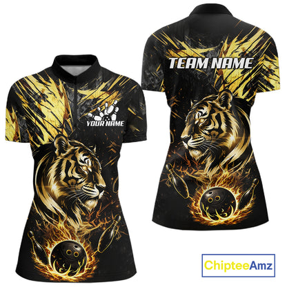 Black And Gold Flames Tiger Bowling Polo 1/4 Zip Shirt For Women Custom Tiger Bowling Team Jersey NYN4131